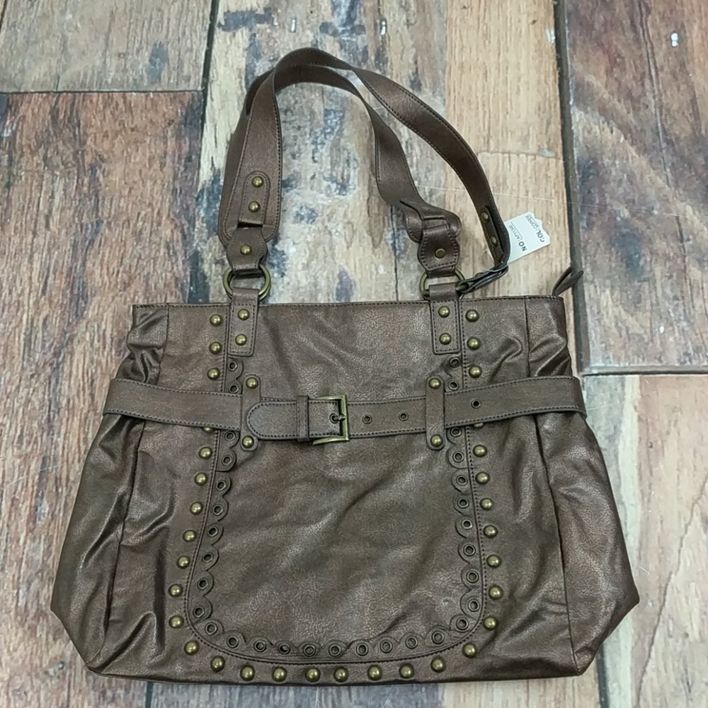 NWT Unbranded Hobo Purse Handbag Studded Buckle Accent 10" Handle Metallic Brown